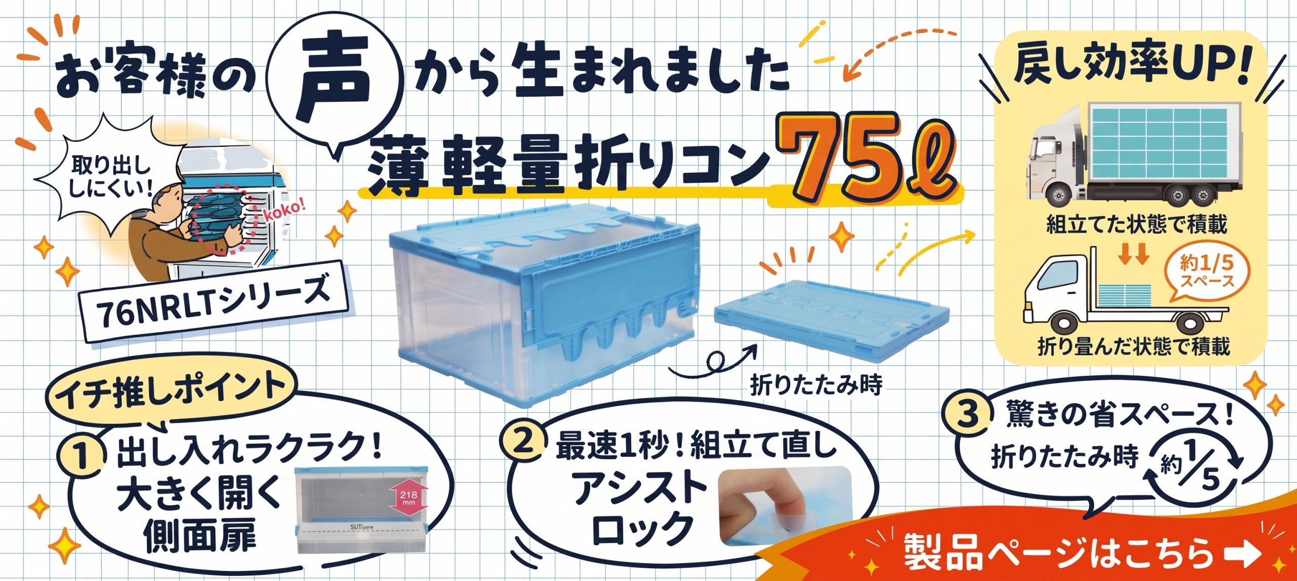 薄型軽量折りたたみコンテナー75L